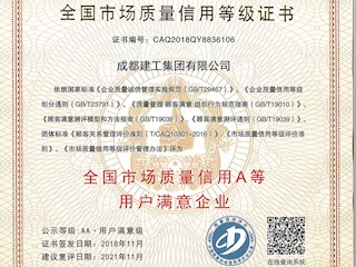 全国市场质量信用等级证书